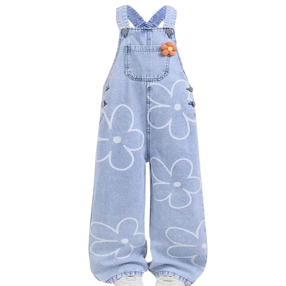 Little Girls Pants Printed Wide Leg Denim Overalls With Decorative Details Pants for Kids Pantalon Pour Filles Size 6T