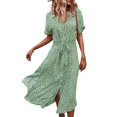 thumbnail image 1 of Femmes Bouton vers le Bas Midi Robe à Manches Courtes Imprimé Floral Ceinture en Vrac Robe Chemise Jaune M, 1 of 8