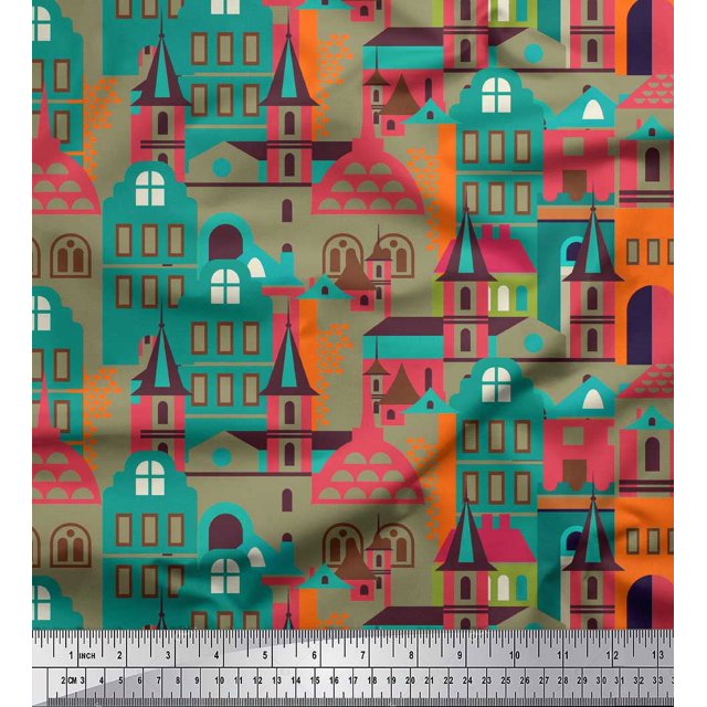 Soimoi Green Moss Georgette Fabric Architectural Structure Architectural Printed Craft Fabric by the Yard 42 Inch Wide