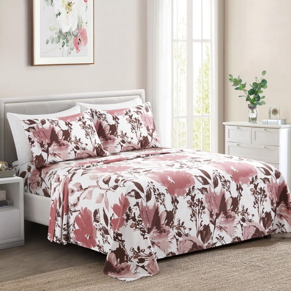Marina Decoration Ultra Soft Silky Deep Pocket Rich Printed Bedding Rayon from Bamboo All Season Sheet Set with Pillowcases, Pink Red Floral Pattern