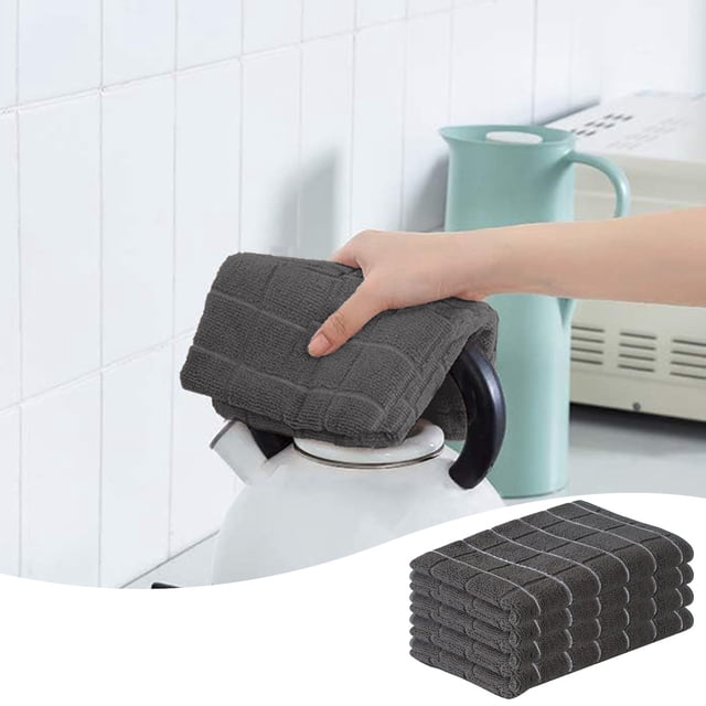 Fridja Microfiber Dish Towels , Solid Color Soft Super Absorbent and Lint Free Kitchen Towels Tea Towels and Bar Towels, 4 Pack (Lattice Designed Black Colors) - 26 x 18 Inch