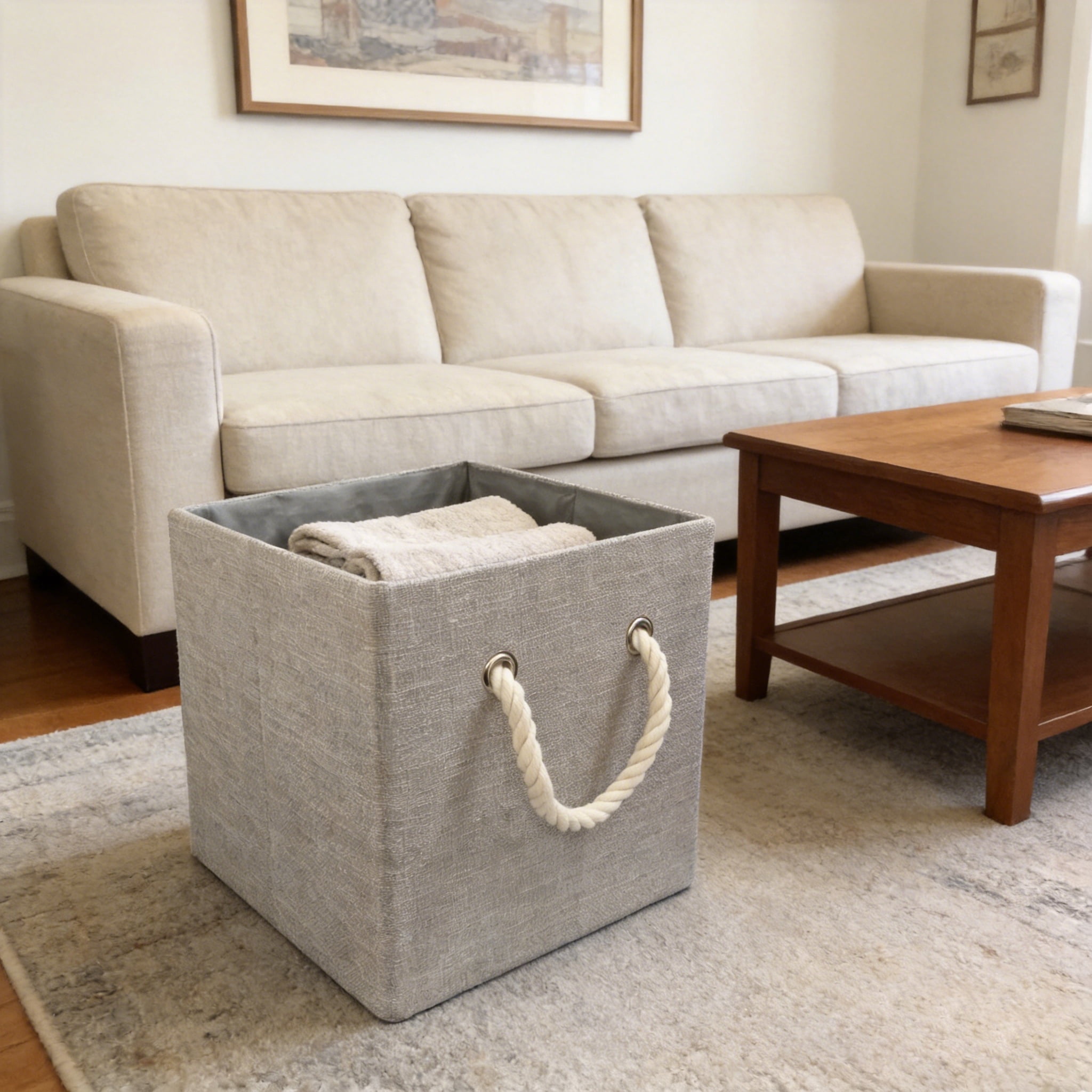 Hometrends 10.23" x 10.23" x 10.23"H Collapsible Faux Linen Fabric Storage Cube Bin with Cotton Rope Handles (Single)