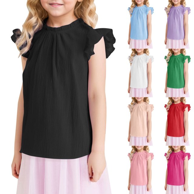 Chemises à Manches Courtes à Volants pour Filles Mignonnes d'Été Col à Volants Plissé Blouse Texturée