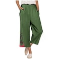thumbnail image 3 of Womens Wide Leg Cropped Pants Cotton Linen Elastic High Waisted Palazzo Pants with Pockets Green, 3 of 8