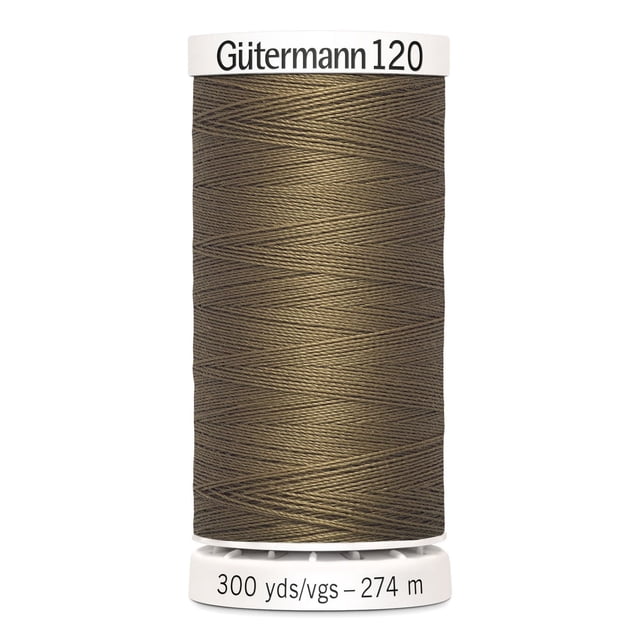 Gutermann 120 100% polyester all purpose thread spool in brown, tightly wound on a white plastic spool labeled 'Gütermann 120' and '300 yds/vgs – 274 m', suitable for machine and hand sewing woven, knit, and synthetic fabrics, also ideal for craft and mending projects.