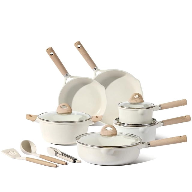 Carote Nonstick Pots and Pans Set, 13-piece white granite induction cookware set including two frying pans, three lidded saucepans, casserole, sauté pan, and wooden-handled utensils, designed for even heat distribution and easy cleaning on all cooktops.