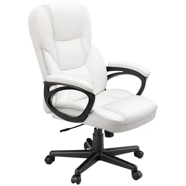 Homall Faux Leather High-Back Executive Office Chair with Lumbar Support in white. This ergonomic swivel chair features a high-density padded seat and backrest, adjustable height, and a rocking function for added comfort. The chair includes a 360-degree swivel base with quiet PU casters and a sturdy black frame. Ideal for office or home use, it supports up to 300 lbs and measures 19.8 inches wide by 21.8 inches deep for the seat, with a backrest height of 24.8 inches.