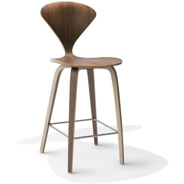 Nicer Furniture Tabouret de Comptoir Cherner en Noyer avec Siège et Dossier Courbés en Contreplaqué Stratifié Noyer, Quatre Pieds Fuselés avec Bords en Bois Naturel, et Repose-Pieds en Métal, Idéal pour les Sièges de Cuisine et de Salle à Manger.