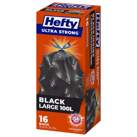 Hefty™ Lot de 16 sacs poubelle ultra résistants avec cordon de serrage et marteau neutralisant les odeurs Noir 100 l