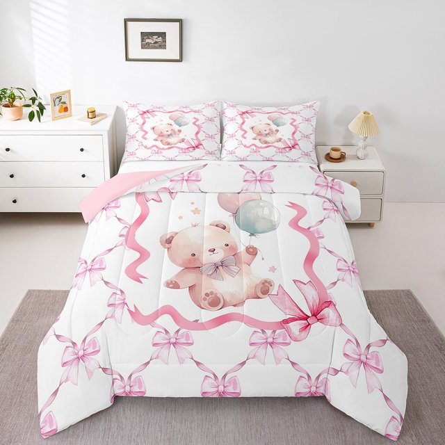 Erosebridal Ensemble de Literie Mignon Ours, Couette Rose avec Nœud, Décor Étoile Ballon, Réversible