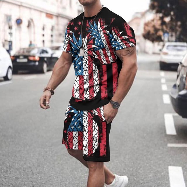 cllios Mens Independence Day Short Sets 4th of July Short Sleeve Tshirts and Drawstring Short Matching Suits Stars and Stripes Graphic Muscle Tracksuits Sets with Pockets