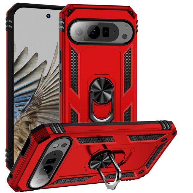 Google Pixel 9 / 9 Pro Ring Case in a vibrant red color, featuring a dual-layer hybrid bumper design with a 360-degree rotation ring holder. The case includes a built-in kickstand for hands-free viewing and a magnetic metal plate compatible with magnetic car mounts (car mount not included). Made with a combination of TPU and polycarbonate materials for enhanced protection against drops and scratches.