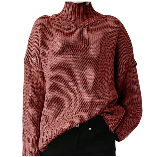 Mrat Chandails pour Femmes Uni à Manches Longues Chandail d'Automne Robe Chandail Chandails pour Dames Cardigan Col Roulé Chandail Décontracté Hauts Rouge TTTG