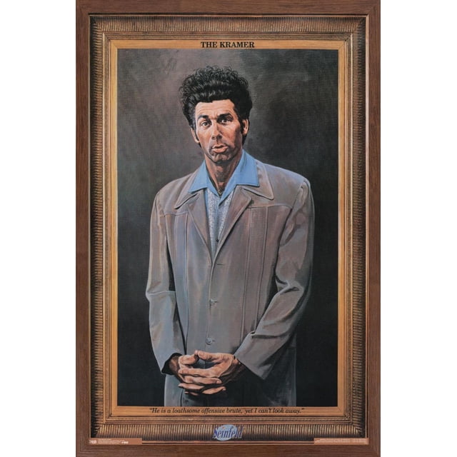 Seinfeld - Kramer Wall Poster, 22.375" x 34" featuring a framed portrait of a man wearing a light brown jacket over a blue collared shirt, standing with hands clasped in front against a dark background. The poster includes the title 'THE KRAMER' at the top and a quote at the bottom: 'He is a loathsome offensive brute, yet I can't look away.' This wall art is ideal for decorating bedrooms, offices, or dorm rooms.