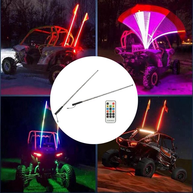 Whip Lights, Lumière Whip LED RVB avec Application et Télécommande, 300 Motifs 366 Modes 32 Niveaux de Luminosité 10 Vitesses, Antenne à Spirale Éclairée Whip pour UTV ATV Camion Tout-Terrain