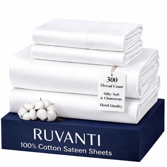 RUVANTI 100% Cotton Sheets California King Size Bed Set – 300 Thread Count Silky Soft Sateen Weave,Cooling, Lightweight & Breathable,14" Deep Pocket,Durable & Luxury Satin-Like,4 Piece, Bright White