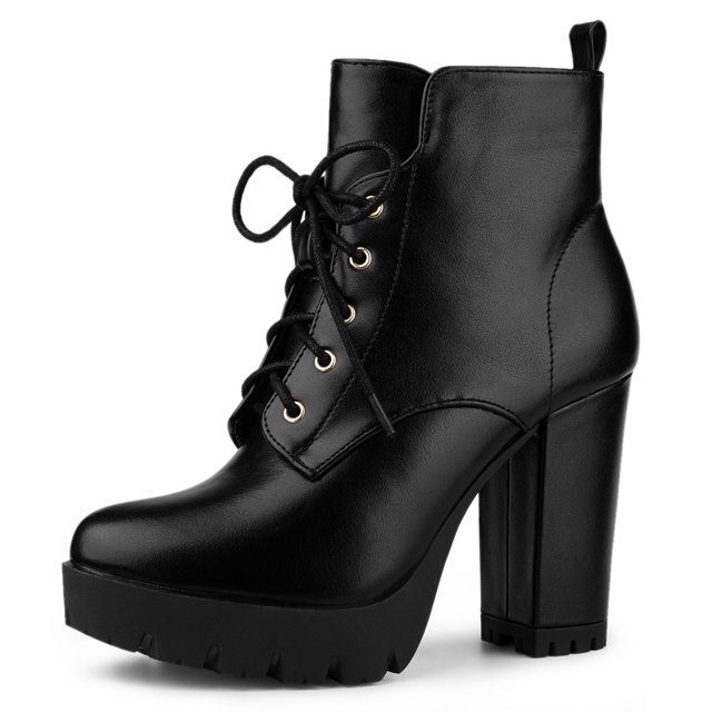 Unique Bargains Women's Round Toe Block High Heel Lace Up Platform Boots