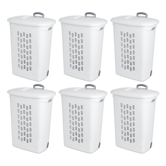 Sterilite White Laundry Hamper w/ Lift-Top, Wheels, & Pull Handle, 6 Pack