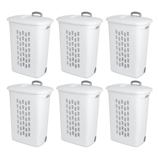 Sterilite Panier à Linge Blanc avec Dessus Relevable, Roues et Poignée de Traction, Lot de 6