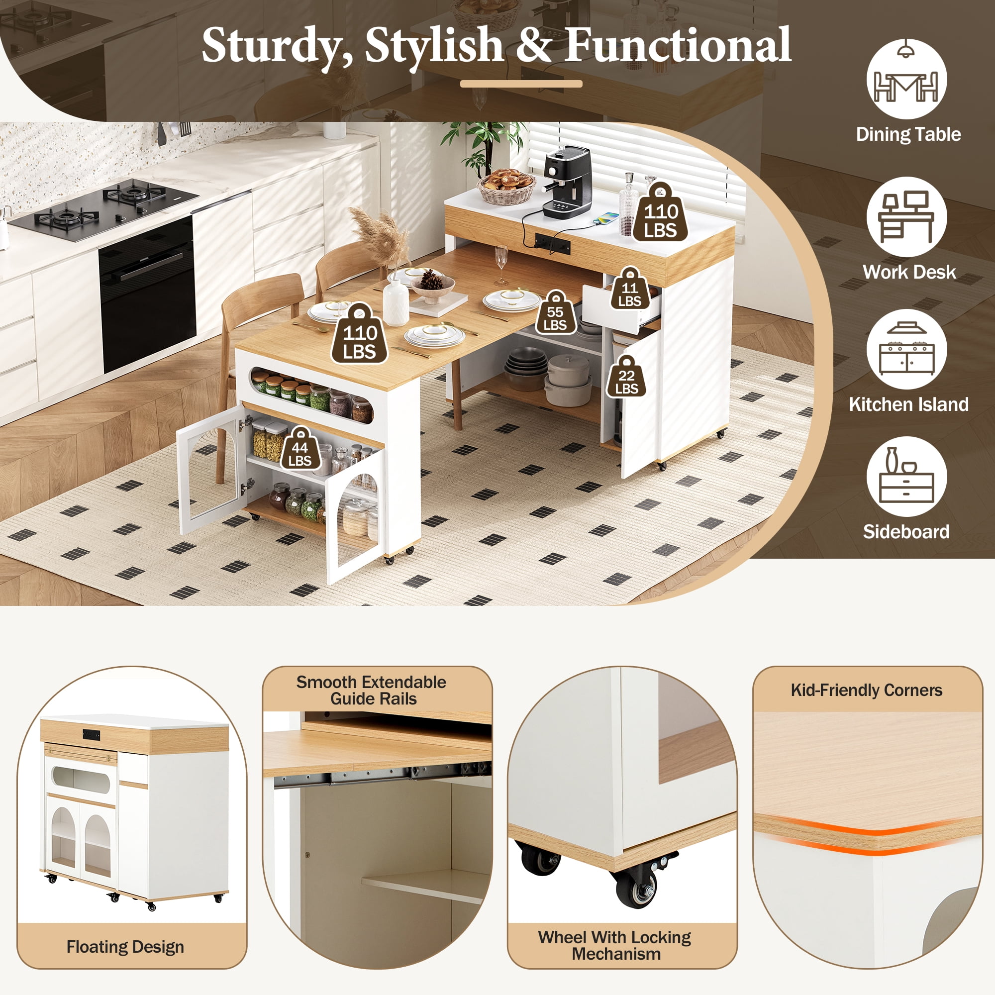 Table de salle à manger extensible Noble House TREXM avec plateau rabattable extra-long, îlot de cuisine roulant avec tiroirs (Noyer + Blanc crème)