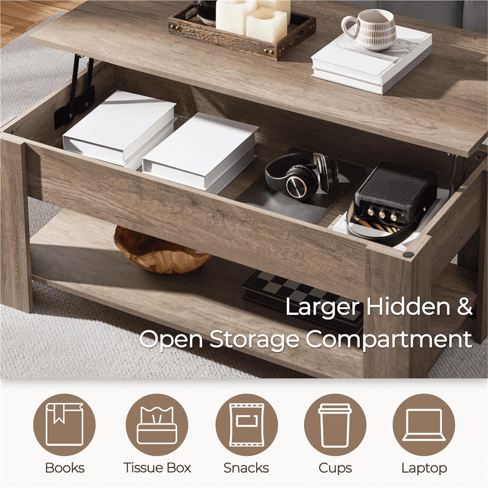 Fullfurnique Lift Top Coffee Table with Large Hidden Compartment and Storage Open Shelf, Gray