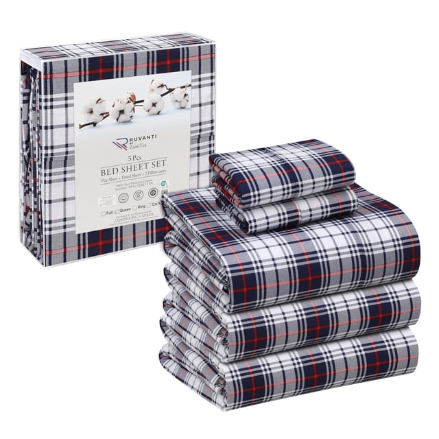 Ruvanti 100% Cotton Sheets - Crispy Cooling Percale Sheets For Split King Size Bed, Breathable & Durable Split King Sheet Set For Adjustable Bed, 16 Inches Deep Pocket Bed Sheets, Prussian, 5 Pieces