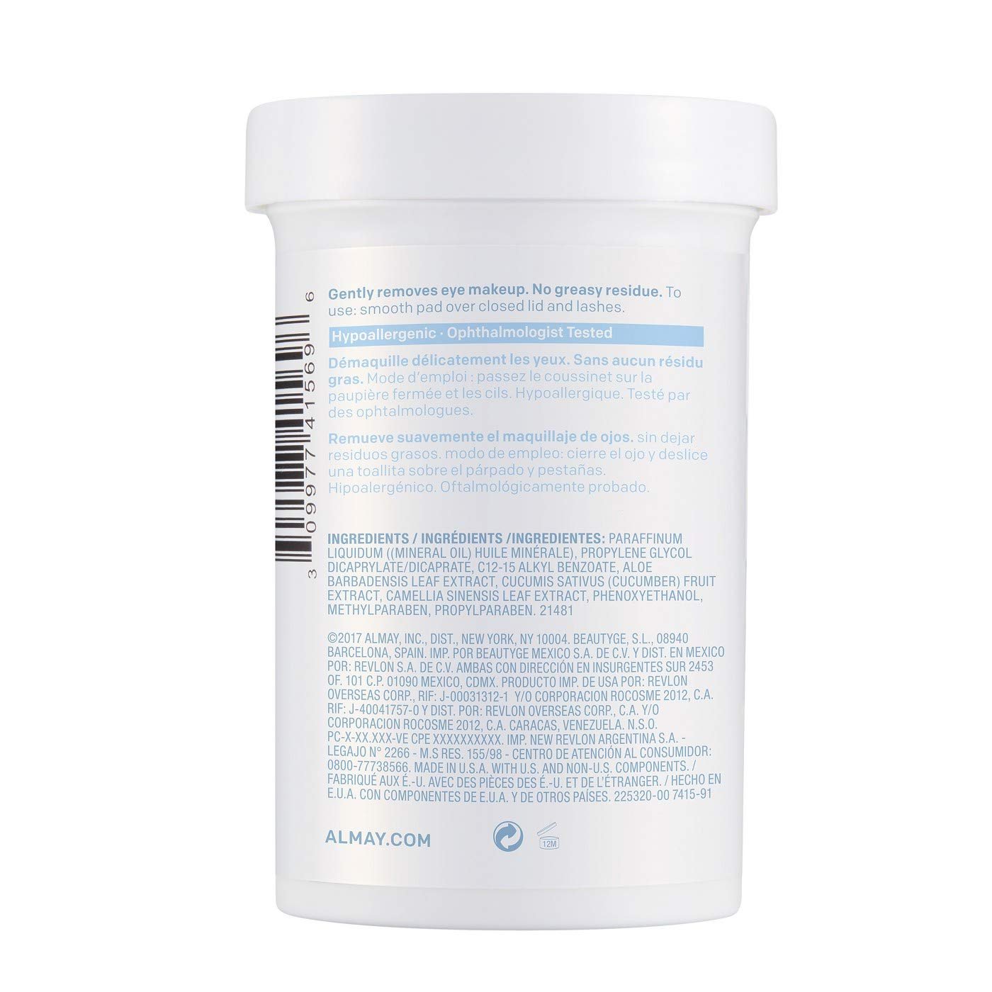 Almay Tampons Démaquillants pour les Yeux Biodégradables Longue Tenue & Hydrofuges, Lingettes Maquillage Hydrofuge