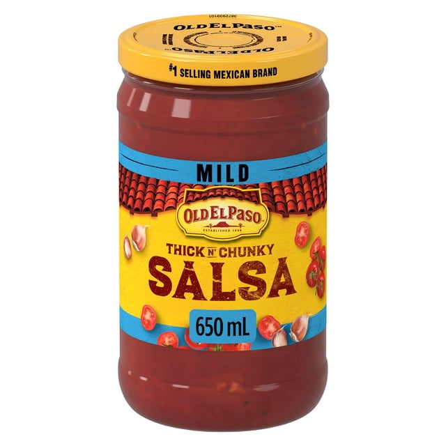 Old El Paso Thick 'n Chunky Mild Salsa in a 650 ml jar with a yellow lid and label featuring tomatoes and garlic illustrations, containing chunky red salsa ideal for snacks, dips, and enhancing Mexican dishes.
