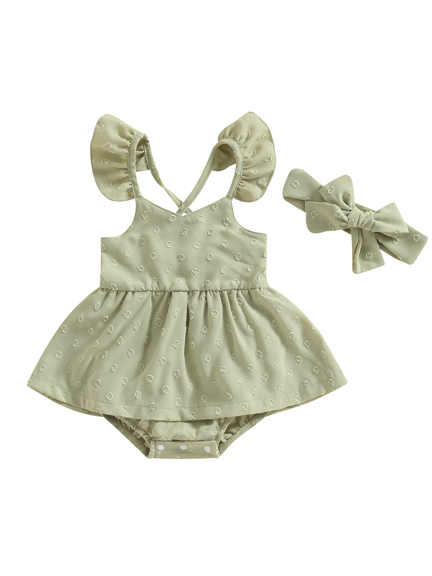 Faithtur Ensemble de Barboteuse pour Bébés Filles, Robe Trapèze à Manches Volantes et Col Rond avec Bandeau pour Usage Quotidien