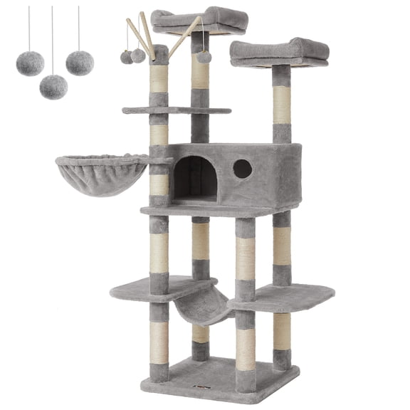 FEANDREA Cat Tree, Large Cat Tower, 64.6 Inches Cat Activity Center Cat Condo, Light Gray