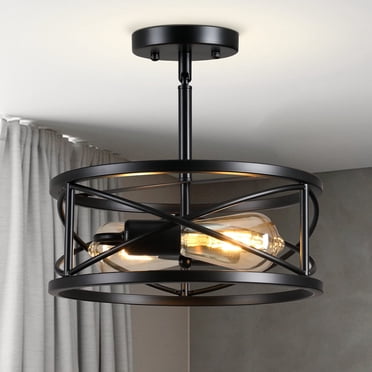 Karjearl Plafonnier Semi-Encastré Style Ferme, D11,8 Pouces Noir Luminaire de Plafond Industriel en Pente Lampe de Plafond Vintage en Cage Métallique pour Cuisine Couloir Entrée Buanderie Chambre