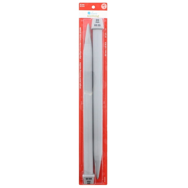 Love Knitting 14" Single Point Knitting Needles - 2 pieces in 20 mm size, smooth gray plastic needles with tapered points, packaged in red and white blister pack marked US 35, ideal for single point knitting and various yarn projects, also suitable for crafting detailed stitch patterns.