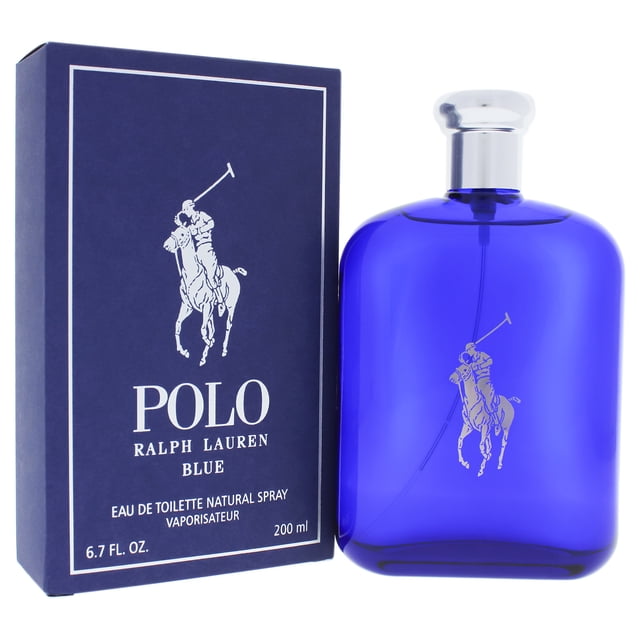 Polo Blue by Ralph Lauren for Men - 6.7 oz EDT Spray. A vibrant blue glass bottle with silver accents featuring the iconic Ralph Lauren polo player logo. The fragrance box is navy blue with white text, complementing the bottle design. Ideal men's cologne with an oriental fragrance blend of patchouli, geranium, amber, and melon.