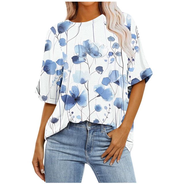 Pisexur Hauts d'Été pour Femmes Mode Décontractée Manches Courtes Col Rond T-Shirts Confortables Amples Surdimensionnés Imprimé Floral Blouses Hauts Mode T-Shirts Imprimés Graphiques Grande Taille Tops de Sortie S-5TG