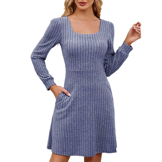 TJAZFJPA Robe à Pois pour Femmes Robe Chandail Tricotée avec Poches Col Carré Manches Longues Robes Gala Robe Florale