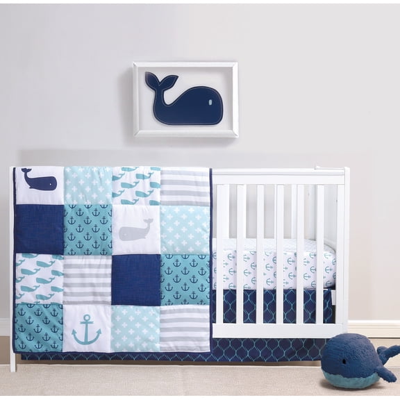 The Peanutshell, Nautical Whale Patchwork Crib Bedding Set for Baby Boy, 3 Piece Nursery Set, Microfiber