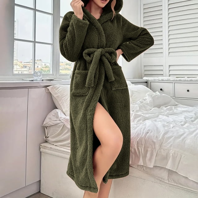 RXIRUCGD Mode Femmes Décontracté Uni Manches Longues Dames Ample Poche Garder au Chaud Peignoirs Faux Velours Tenue de Nuit Robe Chemises de Nuit( Vert Armée, Taille:2TG )