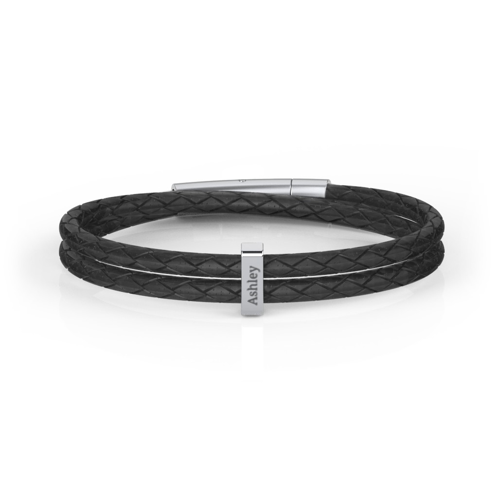 Men’s Engravable Sterling Silver Vertical Bar Leather Bracelet