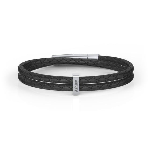 Men’s Engravable Sterling Silver Vertical Bar Leather Bracelet