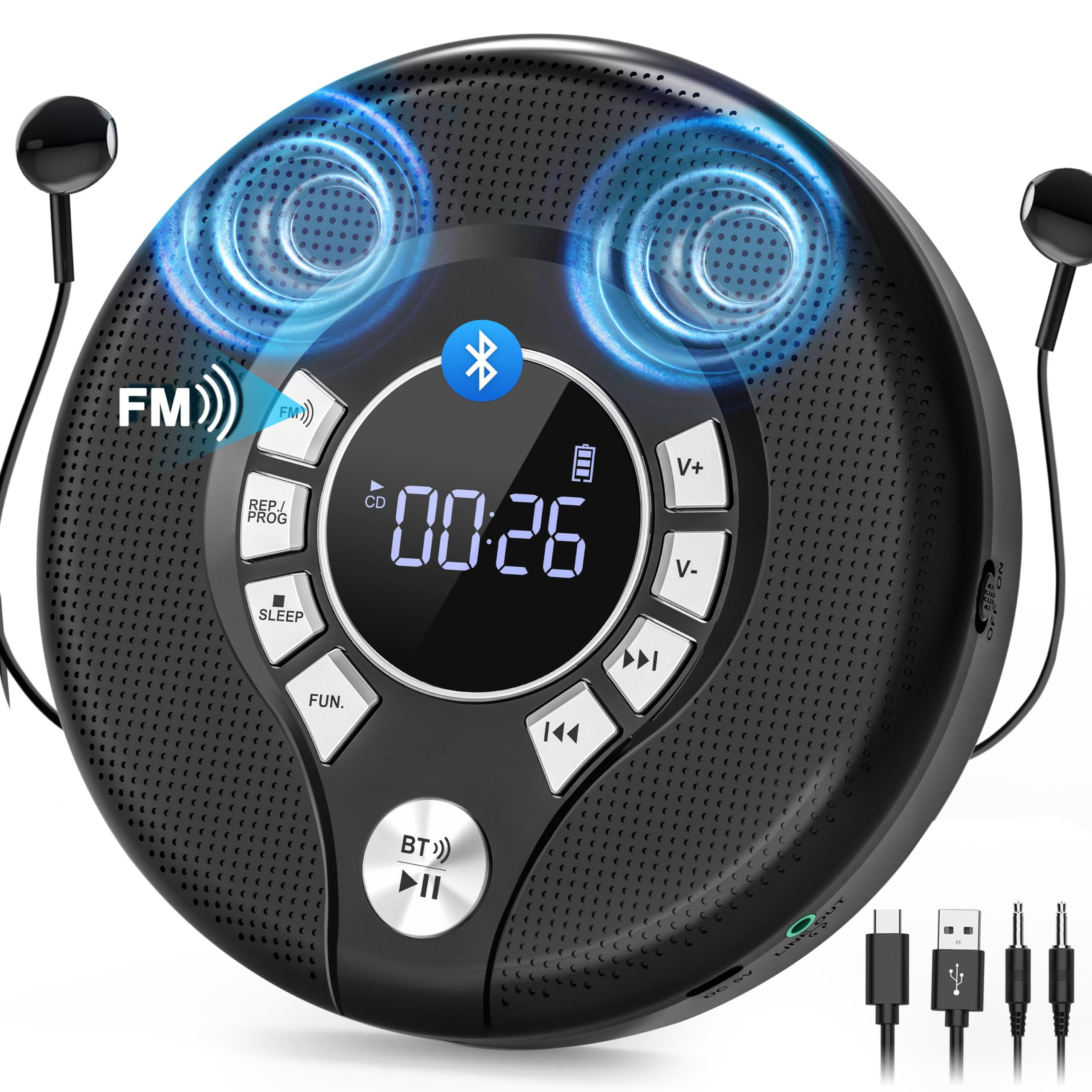 Greadio Portable Bluetooth CD Player with 2000mAh Rechargeable, Personal CD Player for Car with FM Transmitter/AUX, CD Discman Player with Headphone,