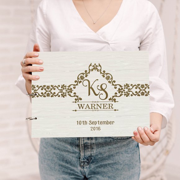 Darling Souvenir Personalized Engraved Laser Cut Wedding Guest Book Wooden Cover Sign-in Book Registry Guestbook Scrapbook-W1