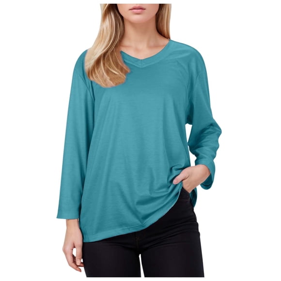 2025 Women's Casual V Neck Ladies Tops Pullover 3/4 Sleeve Solid Women Shirts and Tops Color Base Top Woman Blouse Plus Size Tops for Women Plus Size Dressy