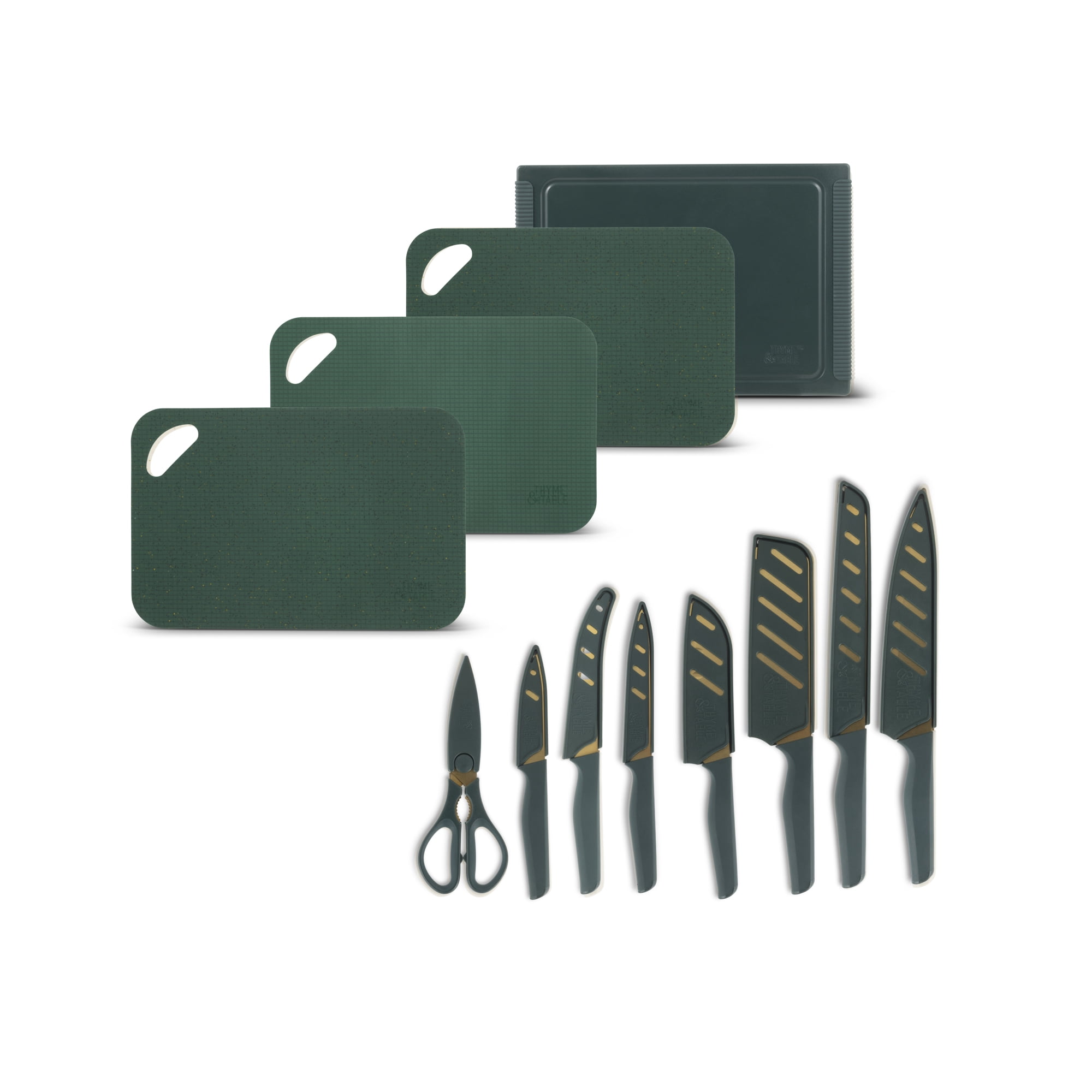 Ensemble de 20 couteaux et planches à découper en acier inoxydable Thyme & Table, vert