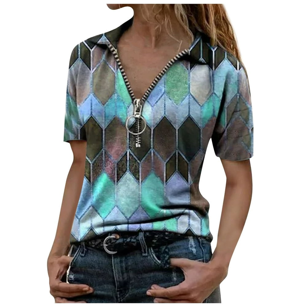 AMERTEER Mode Femmes Été Imprimé Manches Courtes Fermeture Éclair Col à Revers T-Shirt Tops T-Shirt pour Femmes