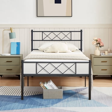 VECELO Twin Size Metal Platform Bed Frame, Mattress Foundation with Headboard and Footboard, Extra-strong Support &Non-Slip, Black