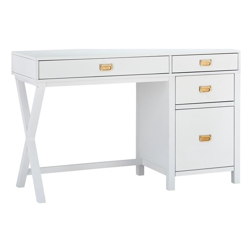 Linon Peggy Bureau Latéral de Rangement en Bois avec 4 Tiroirs Quincaillerie Or Rose en Blanc