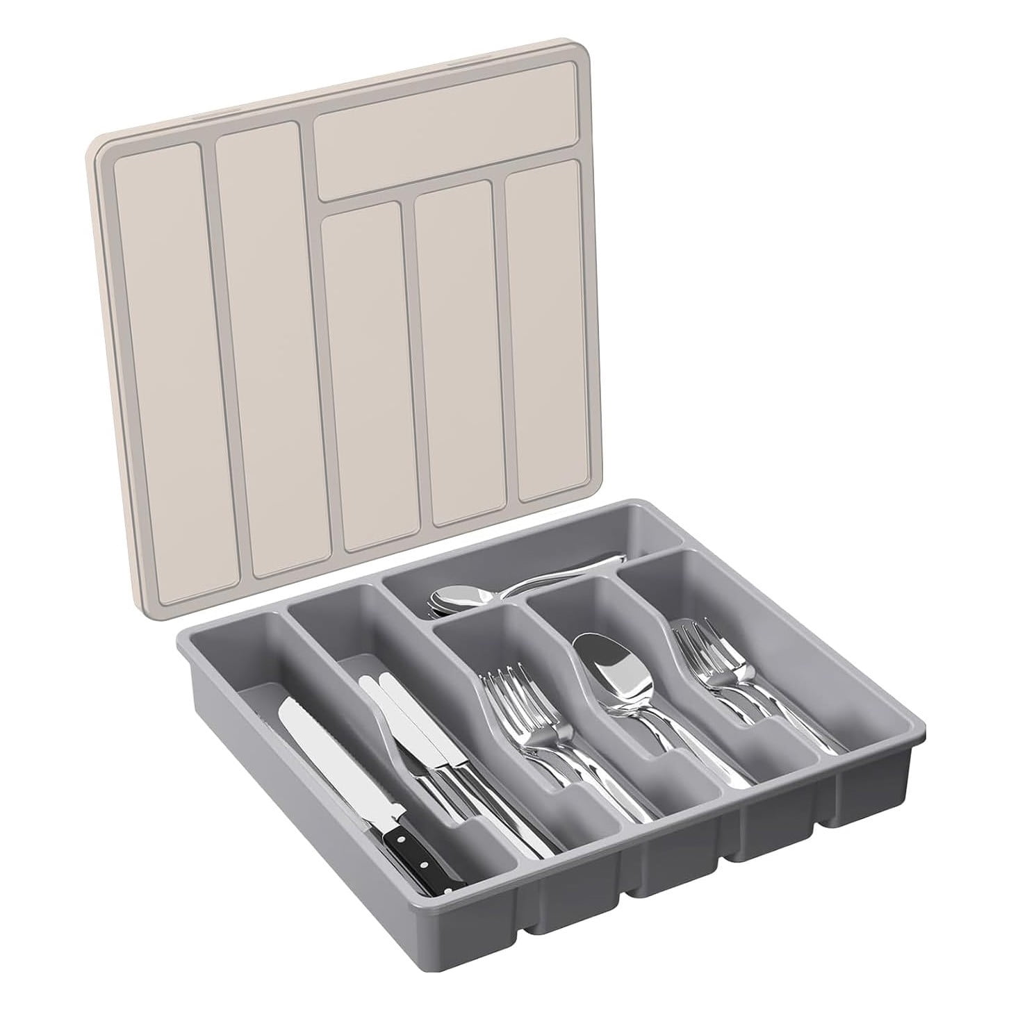 Gkeoshab Storage Containers Mitoydoe Organizer With Lid 6 Compartments Covered Utensil Tray For Kitchen Drawer And Countertop Plastic Cutlery And Flatware Storage Box For Spoons Forks Holder Case