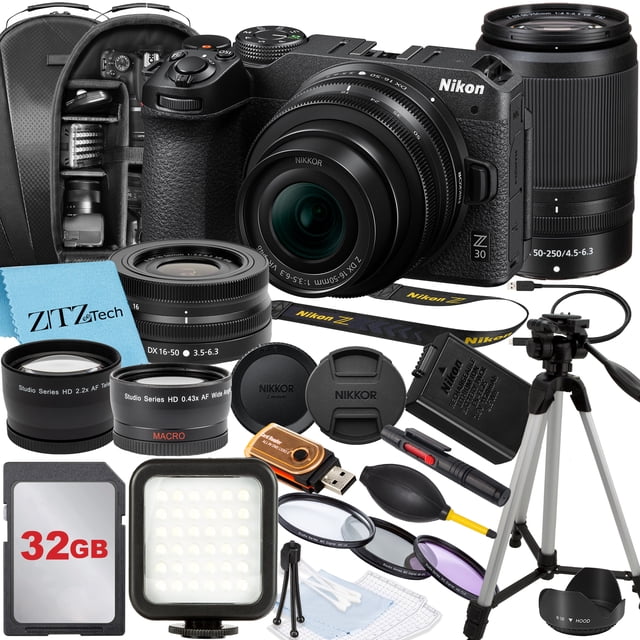 Nikon Z30 Mirrorless Camera with NIKKOR 16-50mm + DX 50-250mm Zoom Lens, 32GB Memory Card, Backpack, Flash, Tripod and ZeeTech Accessory Bundle
