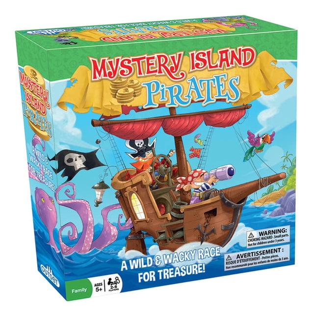 Mystery Island Pirates board game by Outset Media, featuring a colourful box design with a pirate ship, treasure, and sea creatures. Designed for ages 5 and up, this tile-based game offers two modes of play: Buccaneer Bounce and Treasure Chase. Players race from Pirate's Cove to Treasure Island, navigating a winding sea route while competing to hold the Treasure Island tile. Includes a family-friendly adventure theme with high replay value.