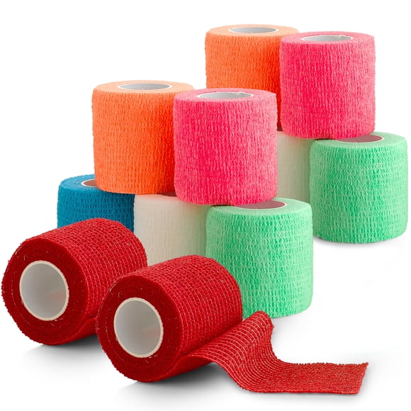 12 Pack, Ruban Cohésif Auto-Adhérent - 2” x 5 Yards, Rouleaux de Bandage Auto-Adhésifs et Enveloppement Vétérinaire, Enveloppements Sportifs pour Coude Cheville, Poignet, Genou Entorses et Gonflements (Couleurs Néon Assorties)